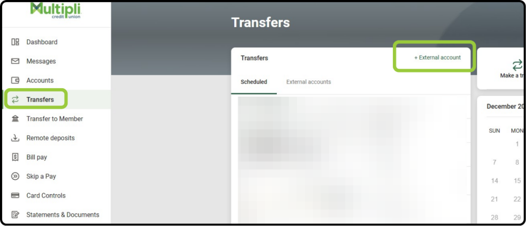Desktop instructions: Access Transfers menu and select External Account