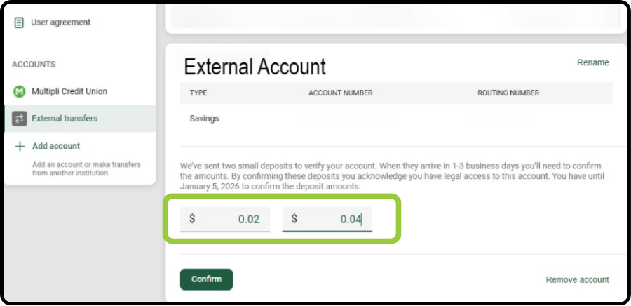Desktop instructions: enter micro deposit amounts and confirm